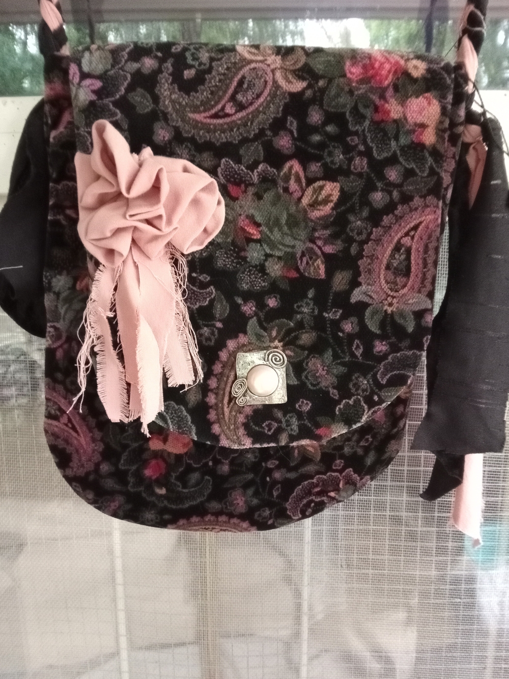 Handmade  Black Floral Paisley Crossbody with Pink Rosette One Of A Kind.